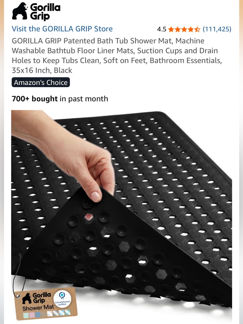 NEW Gorilla Grip Bath Mat, Black